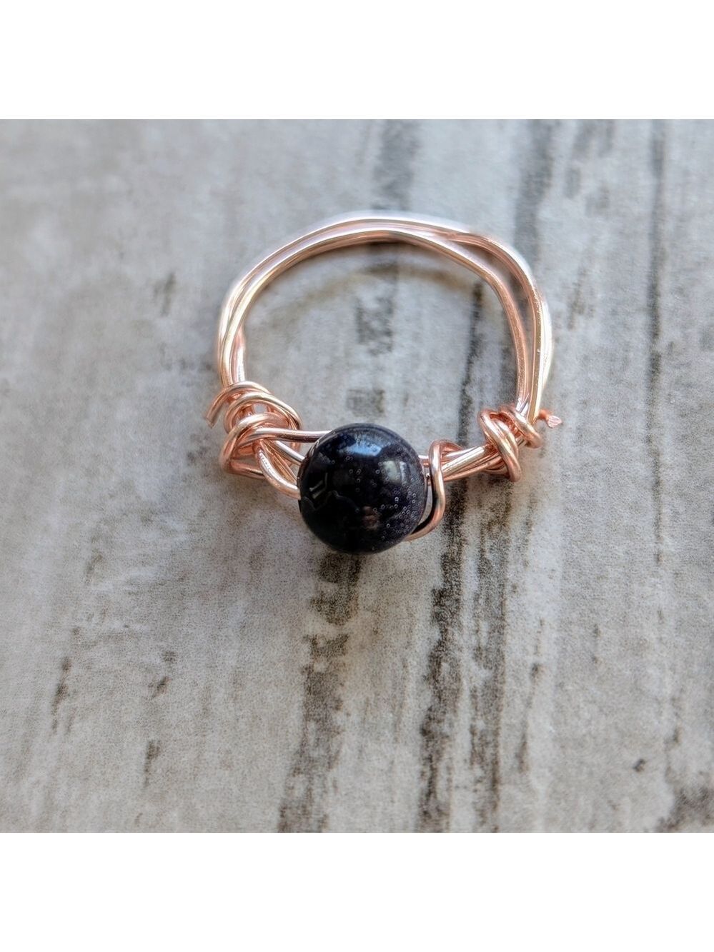 Elegant Blue Sandstone and Rose Gold Wire Wrapped Ring